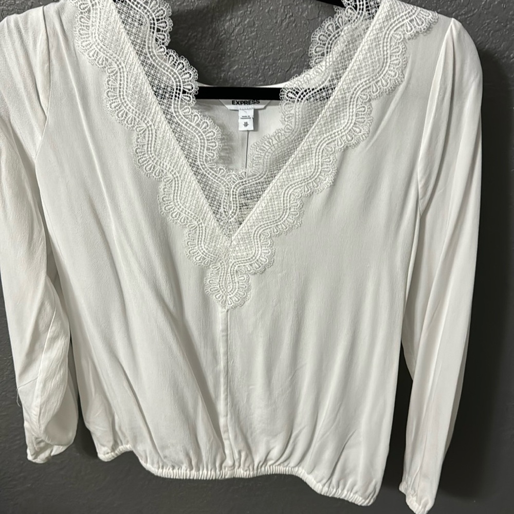 Express White long sleeve V Neck Blouse with Lace Trim